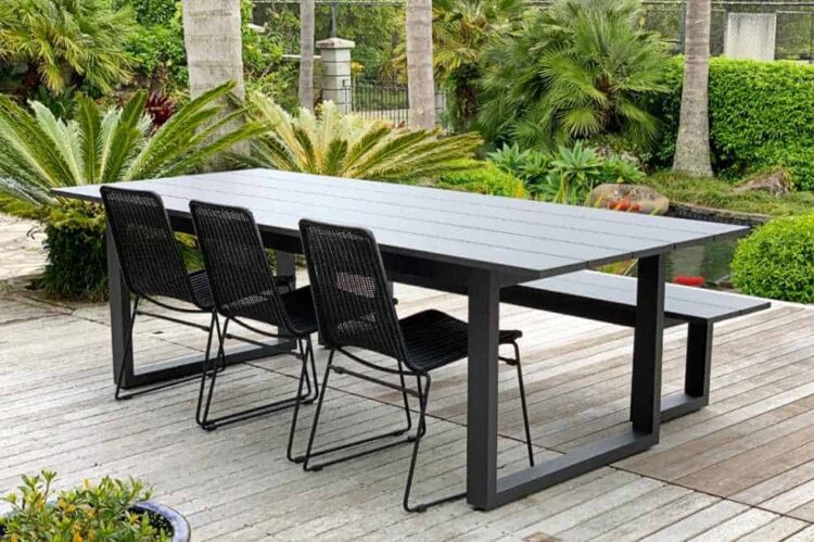 The Long Lunch Range: Outdoor Dining Table (charcoal) 2.4M,Bench & 3 Rakino Chairs (wheat or black)